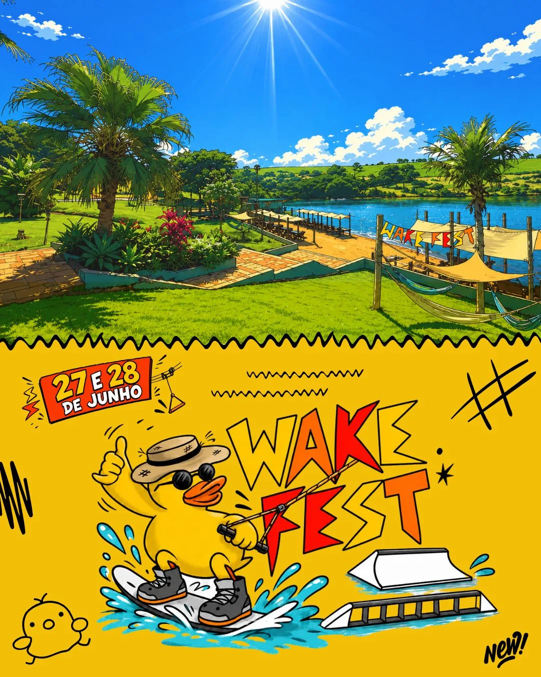 Cartaz oficial do 1º Wake Fest no Talula Cable Park, com a lista de atividades dos dias 27 e 28 de junho