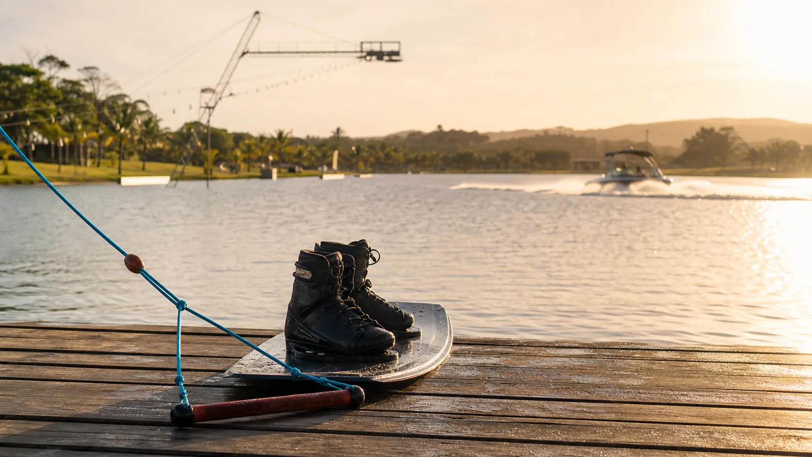 Prancha e handle de wakeboard em um deck com cable park e wake no barco ao fundo