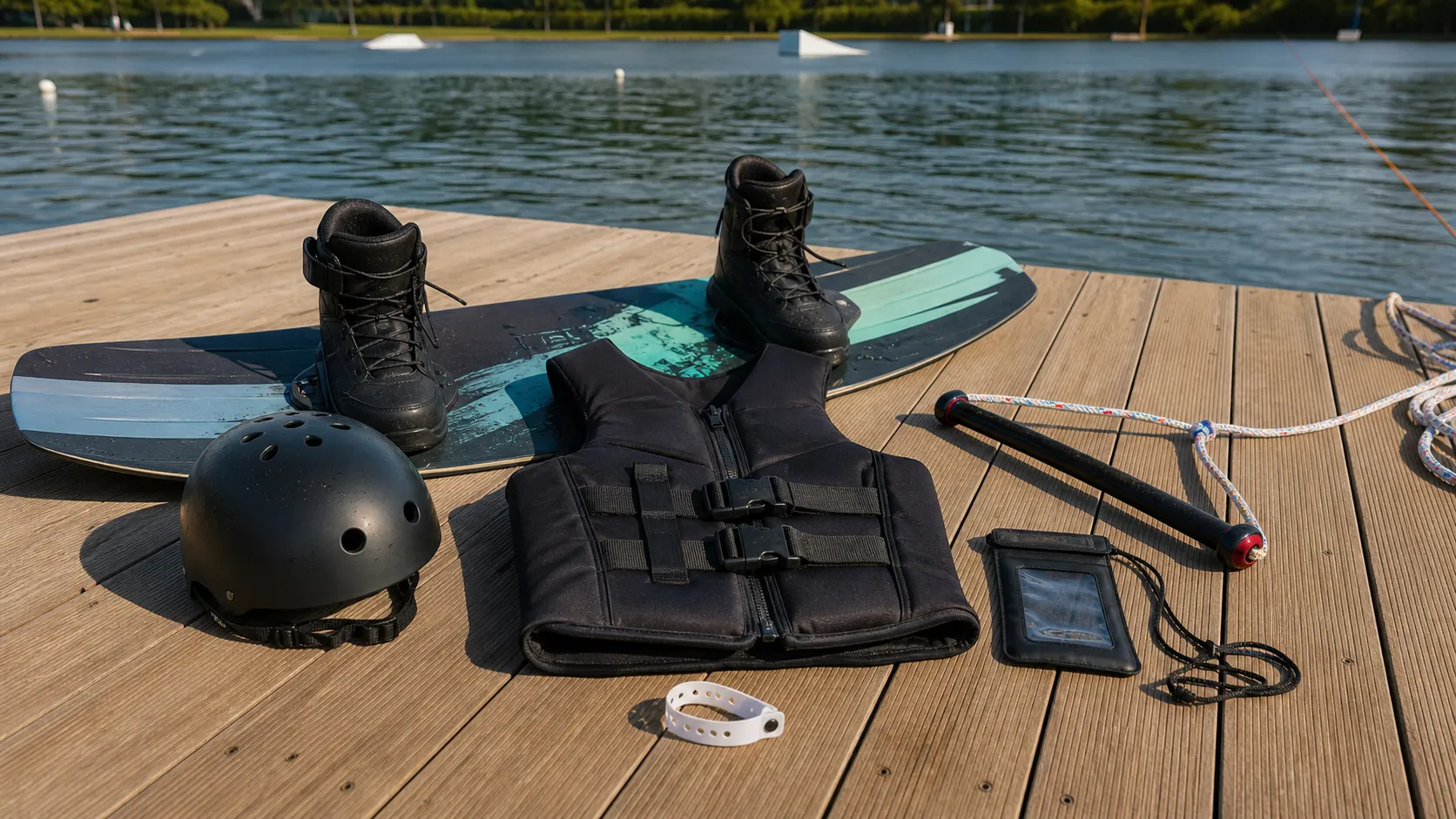 Equipamentos básicos de wakeboard organizados em um deck ao lado do lago