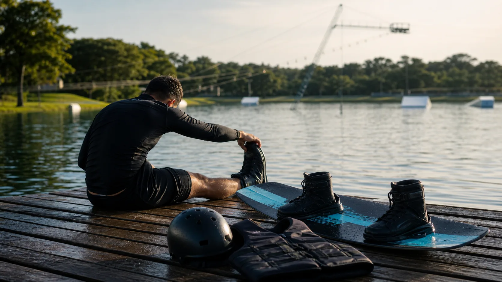 Rider genérico se alongando ao lado de equipamentos de wakeboard na beira do lago