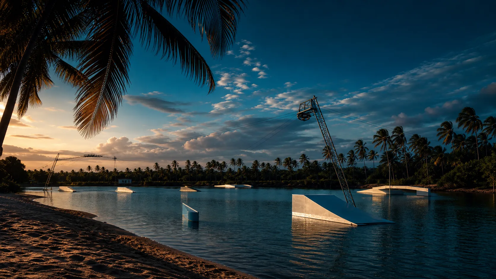 Imagem editorial de um cable park em lagoa tropical com torres, cabos e obstáculos